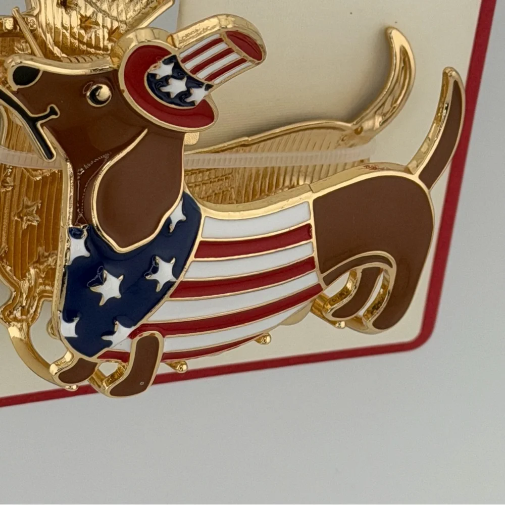 Piper K Patriotic Dachshund Hair Claw Clip Gold Tone Rhinestones Red White Blue